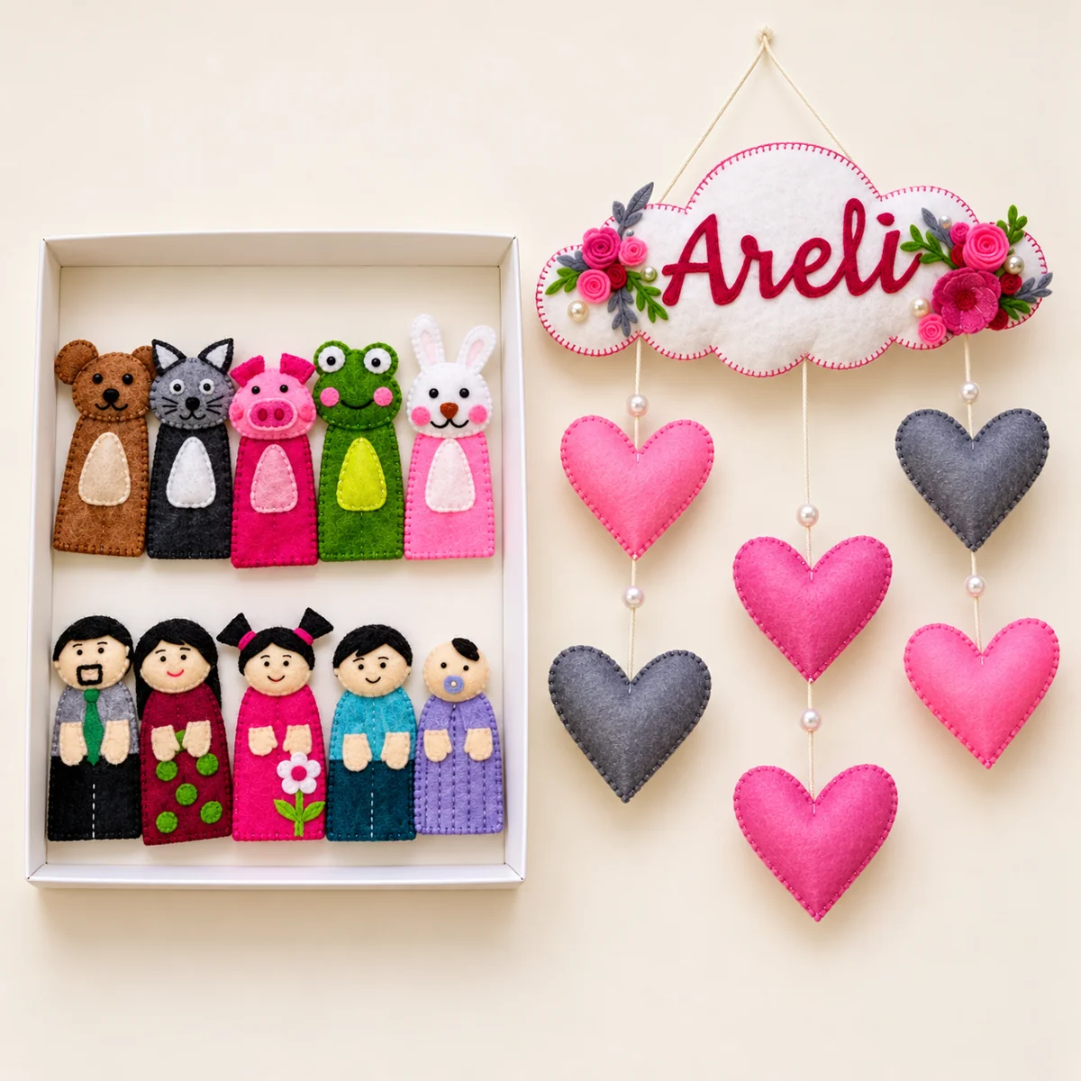 Floral name hanger and handmade felt puppets