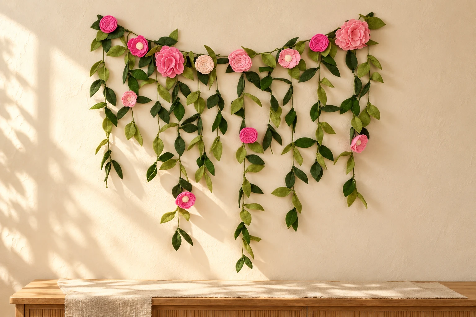 Pink felt flowers and trailing green leaves